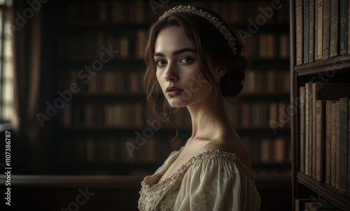 Female model in vintage library setting