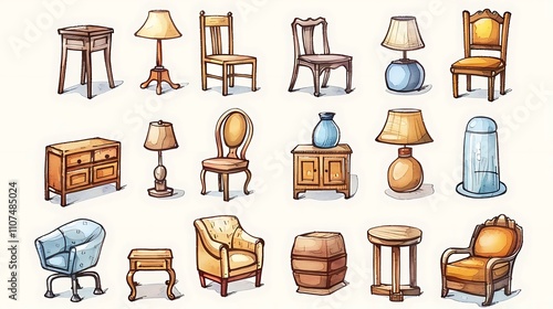 Cartoon illustration of various furniture pieces including chairs, tables, lamps, and sideboards.