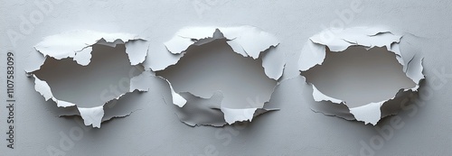 Depicted in a realistic 3D illustration, a steel sheet with curly-edged holes, ragged cracks, and a torn slash, featuring a gun aperture design, is isolated on a transparent background.