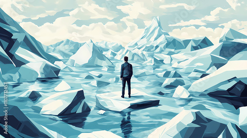 In the midst of melting glacial landscapes, a man grapples with the formidable predicament presented by the escalating challenge of global warming. generative ai. Glacial. Illustration