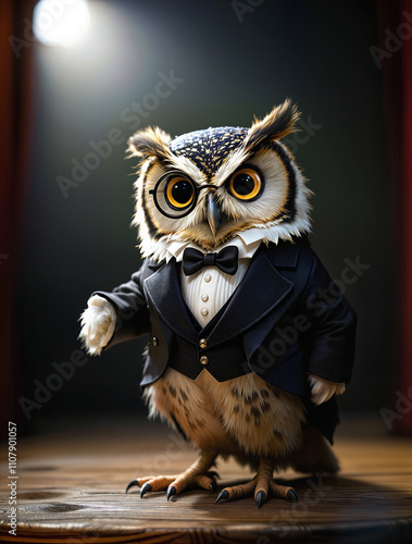 An owl in a tiny tuxedo and monocle, striking a dramatic Shakespearean pose on a wooden stage under a spotlight.