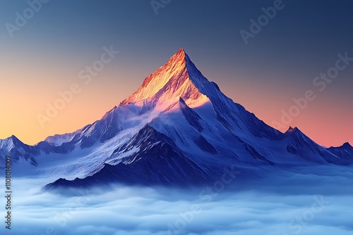 A majestic snow-capped mountain peak pierces the clouds at sunset