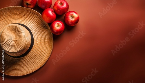 zenith view of a straw hat and some red apples copy space