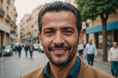 Close portrait of a smiling 40s Algerian man looking at the camera, Algerian city outdoors blurred background