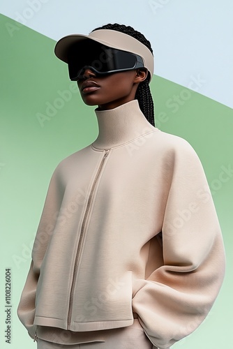 Exploring the 2100s fashion collection in a futuristic setting with stylish garments and unique accessories