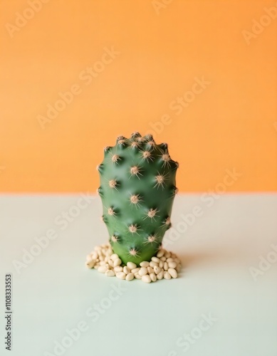 there is a small cactus plant with tiny rocks on the ground.