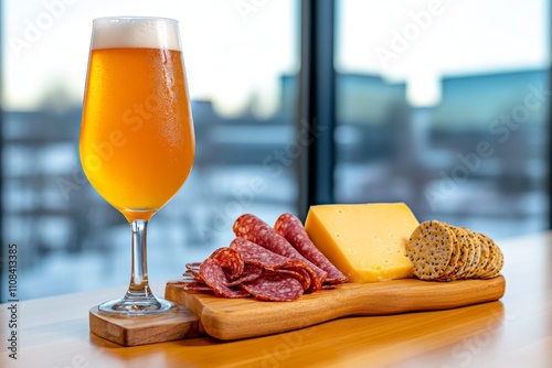 A crisp pilsner served in a tall glass beside a charcuterie board featuring cheese, meats, and crackers