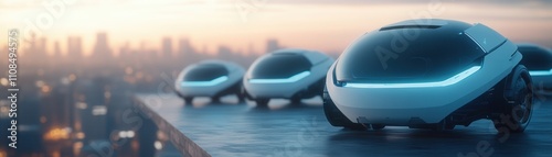 Futuristic autonomous vehicles line a rooftop at sunset, showcasing sleek designs and innovative technology against a city skyline.