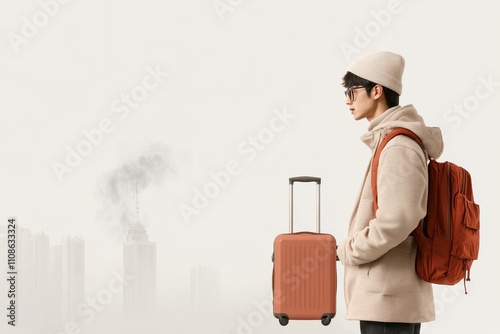 A young traveler with a backpack and suitcase waits in a minimalist, foggy urban setting, embodying wanderlust and the beginning of a new journey.