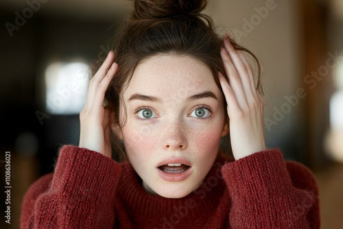 A young woman, with expressive light eyes, holds her head in surprise, wearing a cozy red sweater, conveying a sense of astonishment and curiosity.