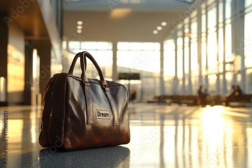 A leather bag labeled 'Dream' sits in the glowing light of an airport interior, embodying aspirations, journeys, and the promise of adventure and discovery.