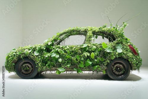 Car nearly consumed by lush green plants in a deserted urban setting, showcasing the powerful force of nature reclaiming man-made structures.