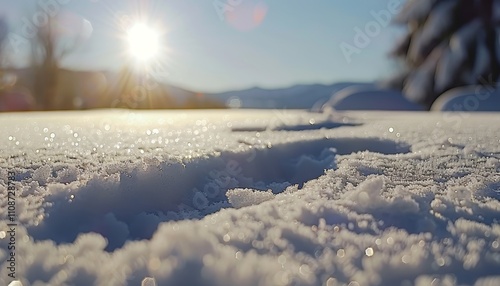 Winter wonderland banner featuring snowflakes, blue sky, and sparkling snowdrifts in soft light