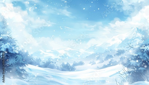 Stunning winter banner featuring snowflakes, bokeh effects, and illuminated blue sky with snowdrifts