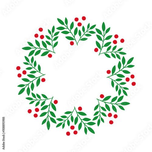 Tiempo de Navidad. Decoración primaveral. Logo con corona navideña con forma de estrella con hojas y bayas para tarjetas y felicitaciones