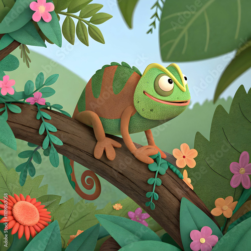 A 3D cartoon of a chameleon changing color to camouflage itself in its environment