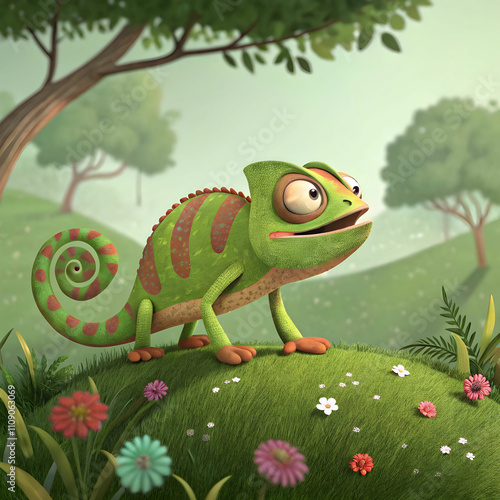 A 3D cartoon of a chameleon changing color to camouflage itself in its environment