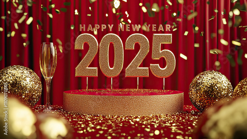 Golden Glitter 2025 Happy New Year Text on Podium Surrounded by Champagne Glass, Baubles in Confetti Red Background Photo.