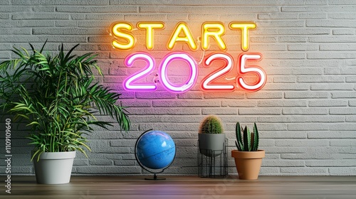 2046 vision board concept. A vibrant neon sign reading "START 2025" against a textured wall, complemented by potted plants and a globe, symbolizing new beginnings and aspirations.