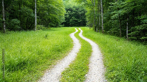 2051 vision board concept. A winding gravel path through lush green grass, surrounded by trees, inviting exploration in a serene natural setting.