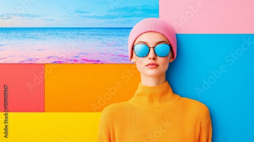 2057 vision board concept. A stylish model in a vibrant orange sweater and pink beanie stands against a colorful background featuring ocean hues and geometric shapes.