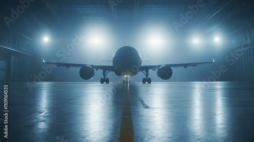 Passenger airplane parked in a hangar at night, illuminated by spotlights, symbolizing aviation and jet airliners