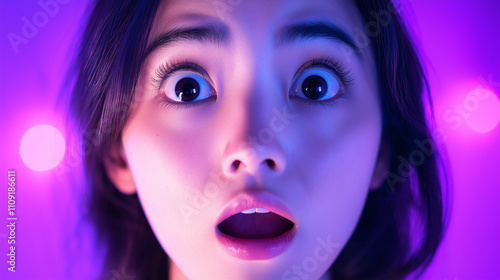 A close-up of an Asian woman displaying a look of astonishment illuminated by purple lights, her eyes reflecting surprise and engaging the viewer with a powerful emotional connection.