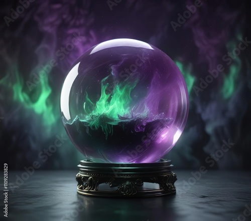 A crystal ball is filled with swirling purple mist and eerie green flames, ghostly presence, haunting ambiance, malevolent force