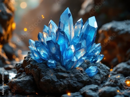 Rocky base supports a stunning blue crystal formation, captured candidly.