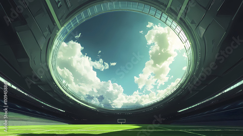 Realistic photograph of a zenith view from above a football field, that looks super alive, clean and green like the football courts of a stadium. Zenith. Illustration