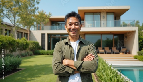 Middle aged Asian man smiling confidently in backyard of modern home on sunny day