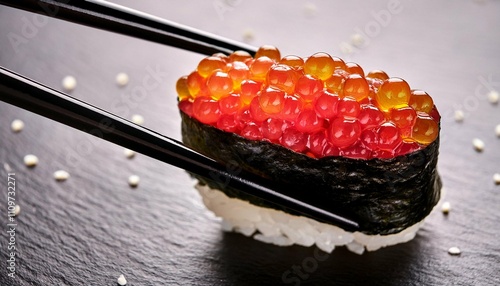 tuna sushi with caviar held by chopsticks