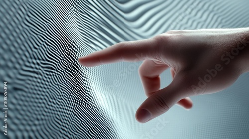 A hand interacts with a textured digital surface, exploring tactile technology, AI