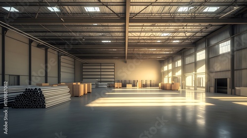 A large, empty warehouse with a yellow crane hanging from the ceiling. The space is mostly empty, with only a few workers visible in the background. Scene is one of emptiness and solitude