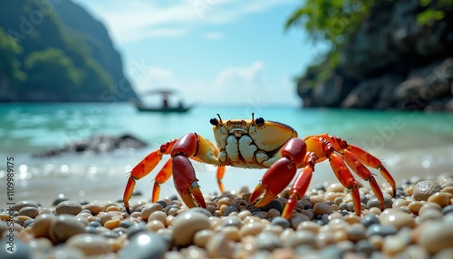 A red-shelled crab on a rocky shore near the ocean