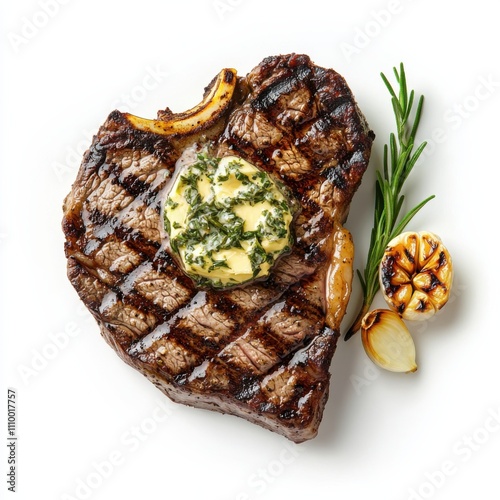 A succulent grilled ribeye steak with herb butter and roasted garlic cloves, isolated white background, classical art style