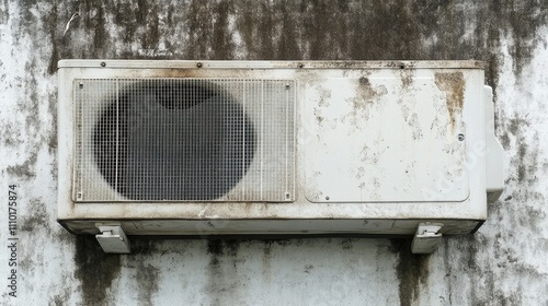 Dusty and aged air condenser unit exterior with rust and grime on a weathered wall background