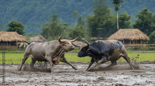 Traditional bullfighting at Bihu Festival, two bulls fighting with horns locked in the middle of a muddy arena, Ai generated images