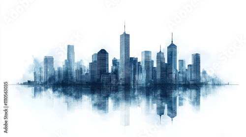 Laissez-Faire Capitalism. A serene blue silhouette of a city skyline reflected on water, showcasing modern architecture with a misty ambiance.