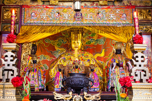 The main hall of the Great Mazu Temple in Tainan, Taiwan, enshrined statues of Mazu. the Mazu is a deified form of the medieval Fujianese shamaness Lin Moniang.