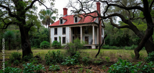 A crumbling, antebellum plantation house, its weathered walls bearing the scars of time, stands sentinel amidst a sea of overgrown wilderness.