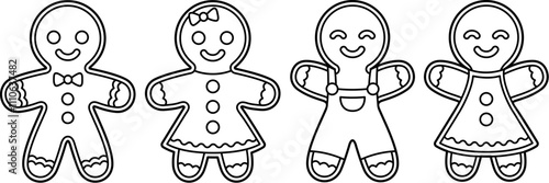 Set of cute cartoon gingerbread man and woman cookies. Black and white line icons, outline drawing for coloring. Christmas vector illustration.