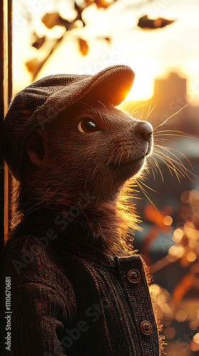 A Dapper Otter at Sunset: A heartwarming portrait of a stylish otter wearing a newsboy cap and cardigan, bathed in the golden light of the setting sun, gazing thoughtfully into the distance.