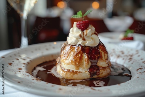 A tower of profiteroles draped in silky chocolate sauce