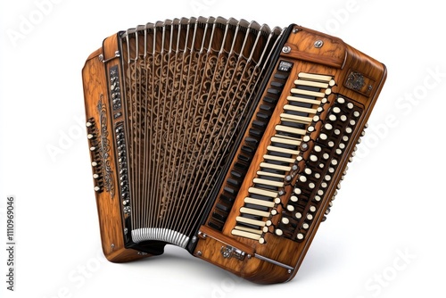 Vintage wooden diatonic button accordion isolated on white background.