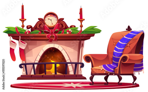 Cozy Christmas interior with decorated fireplace with stockings and candles, clock and greenery. Comfortable armchair with striped blanket stands near on round rug. Warm winter festive atmosphere.