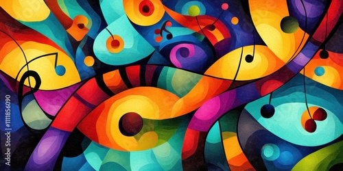 Abstract Colorful Rhapsody: A vibrant symphony of shapes, colors, and musical notes in a dynamic composition