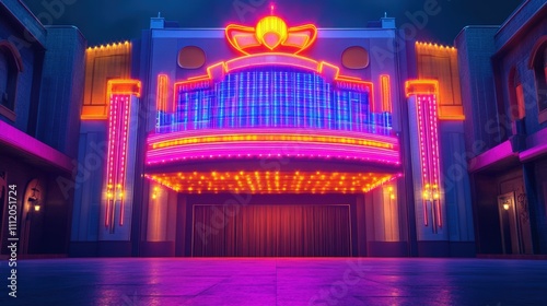 Theatre Marquee. Neon Electric Sign: Motion Picture Cinema Premiere