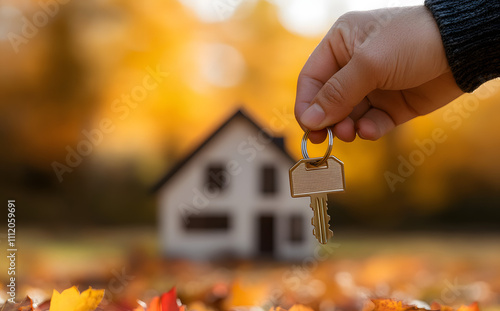 Hand holding a key in front of a beautiful autumn house, perfect for real estate and homeownership visuals