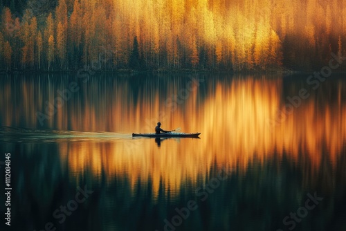 A lone kayaker paddles across a serene lake reflecting the fiery autumnal forest.